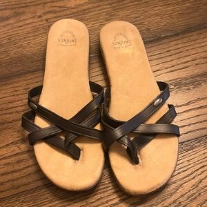 BASS Women's SunJuns Black Leather Classic Sandals Size 9.5